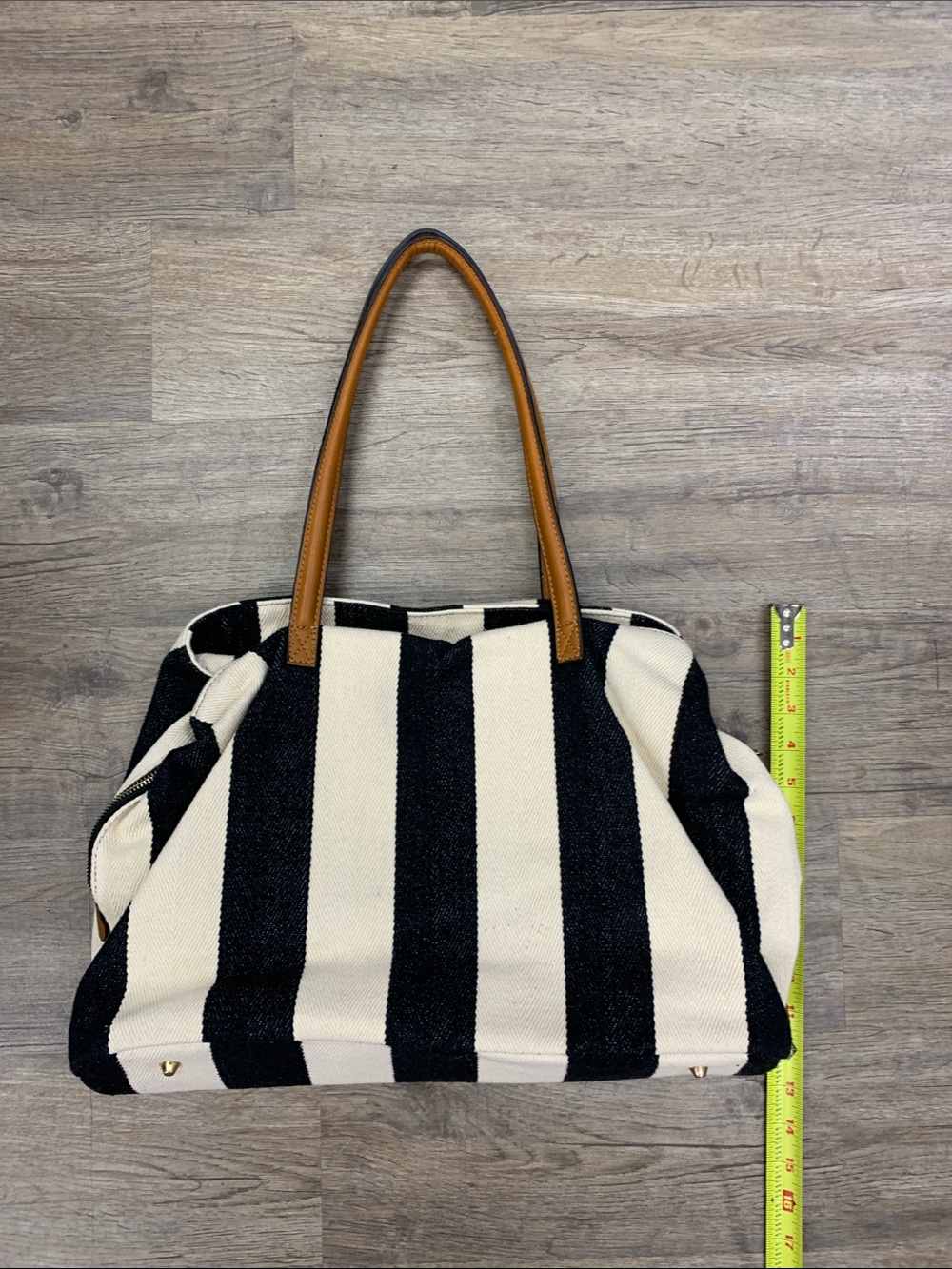 Sole Society Black & Cream Striped Tote with Tan Leather Handles